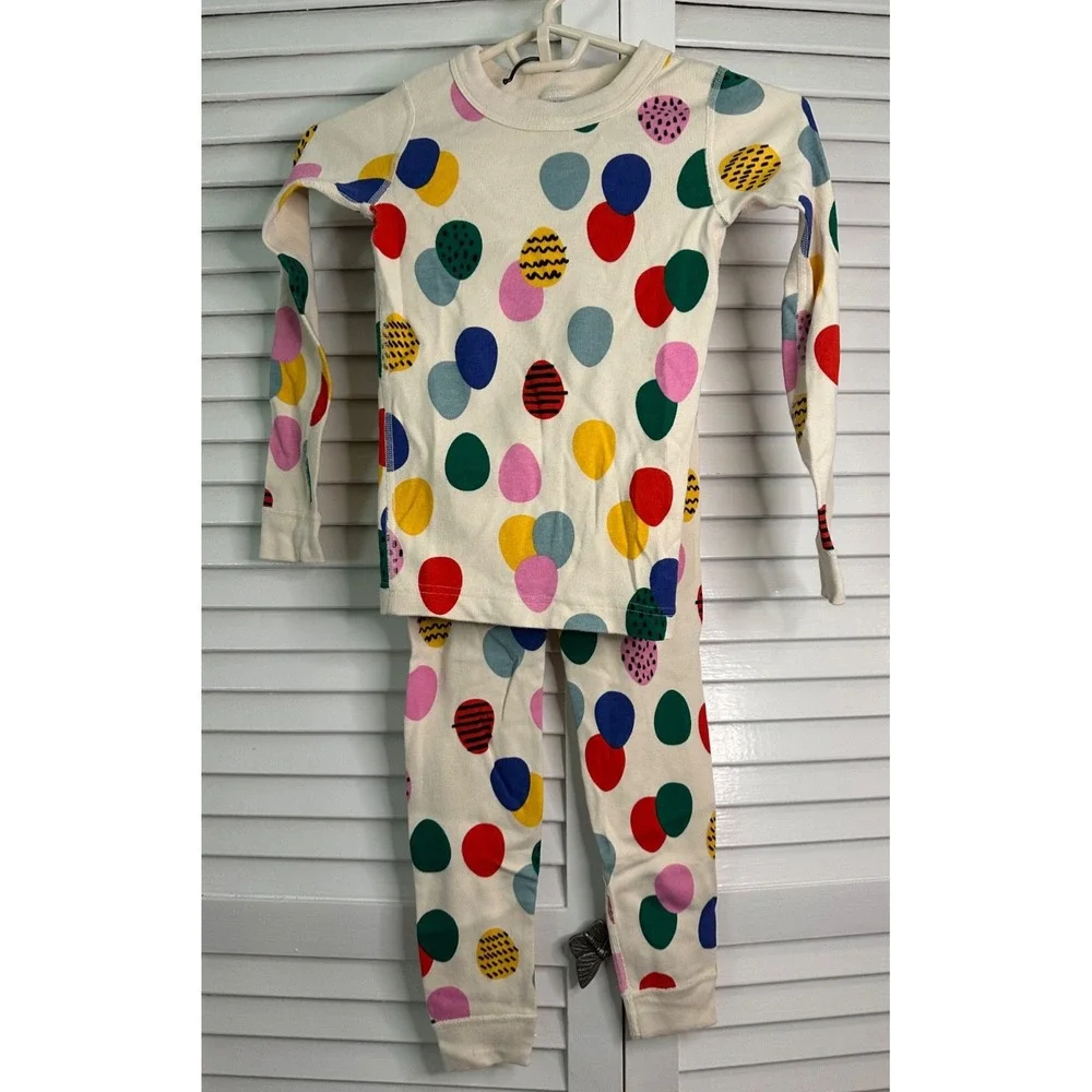 Hanna Andersson Size 120 6-7 Ivory Colorful Easter Egg Print Organic Pajamas LJs